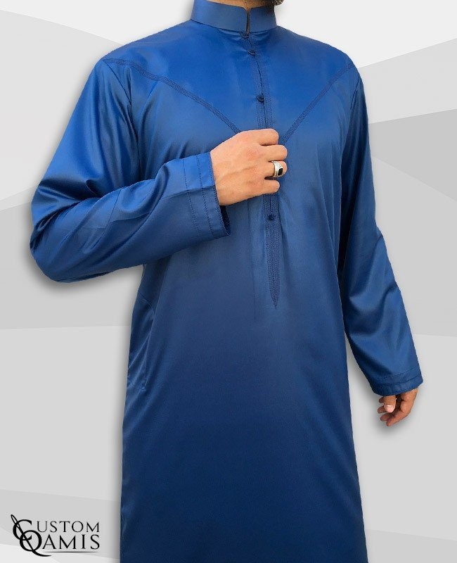 Emirati Kamees Royal Blue Precious Satin Fabric Bahraini Collar